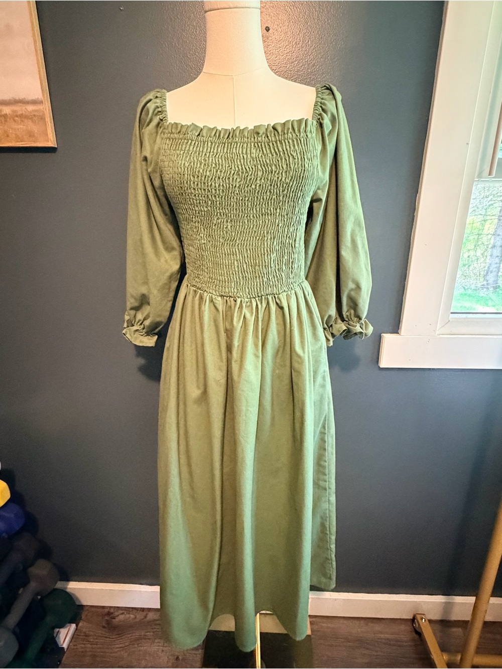 Smocked Square-Neck Midi Dress in Olive Green